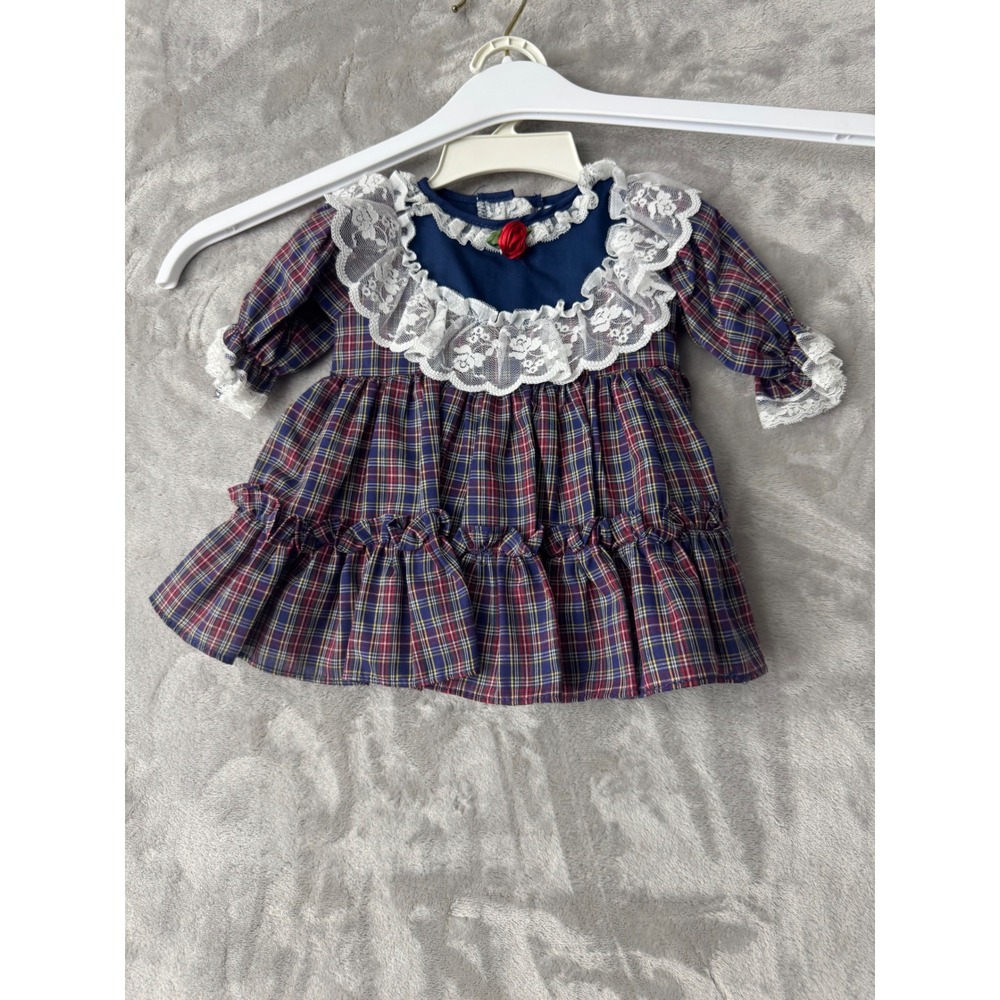 Vintage Cabbage Patch Kids Plaid Doll Dress Lace Trim Rose Detail 1980s USA Made